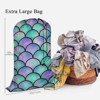 Swono Heavy Duty Large Laundry Bag Mermaid Scales 1 Pack 28 x 40 Inch, Watercolor Rainbow Sea Life XL Drawstring Travel Organizer Bag Tear Resistant Dirty Cloth Storage 4 Loads of Clothes, Ocean Theme - color: Mermaid Scales
