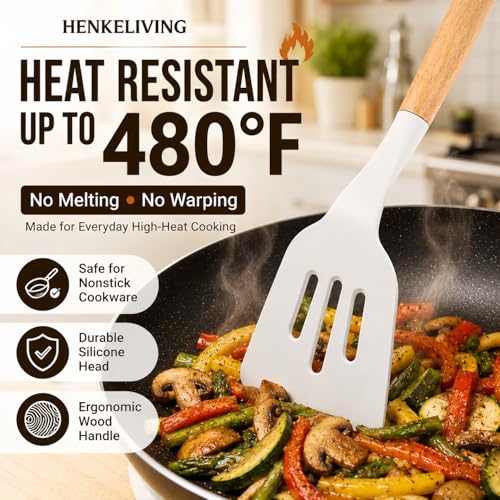 Silicone 10 Pcs Kitchen Cooking Utensils Set, Recycled Materials Certification, BPA Free Spatula Set with Heat Resistant Wood Handles for Nonstick Cookware, Cream White - color: CreamWhite