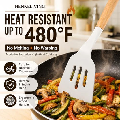 Silicone 10 Pcs Kitchen Cooking Utensils Set, Recycled Materials Certification, BPA Free Spatula Set with Heat Resistant Wood Handles for Nonstick Cookware, Cream White - color: CreamWhite