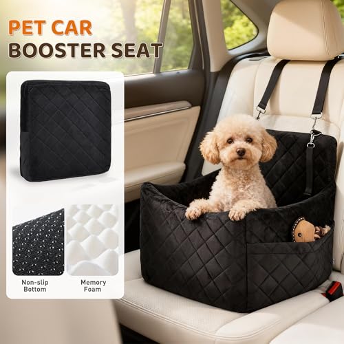 Dog Car Seat for S/M Dogs, Memory Foam Dog Booster Car Seat Up to 35lbs, Detachable Washable Pet Travel Bed with Side Pockets and 2 Safety Belts, Easy to Install (Black)