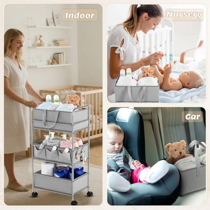 Honeydak 2in1 Baby Diaper Caddy Organizer Cart 3 Tier Large Capacity Metal Utility Bedside Rolling Cart with Divider Newborn Registry Nursery Essential Must Have Crib Bedroom Baby Shower(Gray) - color: Gray