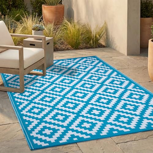 FH Home Outdoor Rug - Waterproof, Fade Resistant, Reversible - Premium Recycled Plastic - Geometric - Patio, Deck, Porch, Balcony, Laundry Room - Aztec - Teal & White Crease Free - 4 x 6 ft - color: Aztec - Teal & White, size: 4' x 6' (Rectangular)