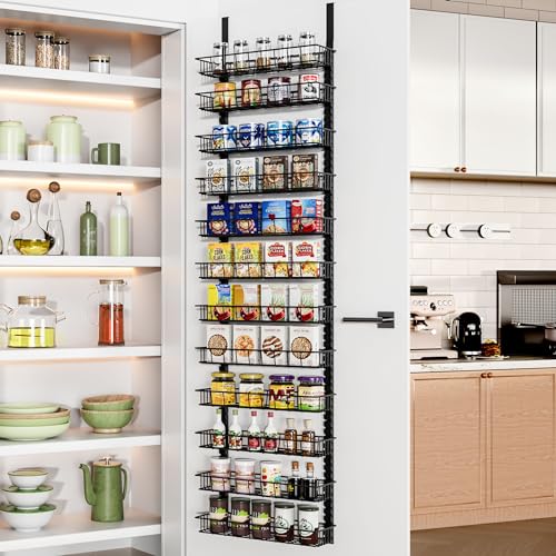 Churboro Over the Door Pantry Organizer Rack with 12 Adjustable Baskets, 12 Tiers Dual-use Spice Rack- Hanging or Wall Mount Spice Rack, Pantry Door Organizer, Black - color: Black, size: 12 Tiers