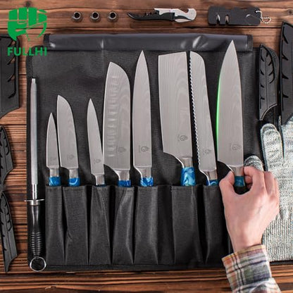 FULLHI 15pcs Japanese Knife Set with Magnetic Knife Block Holder, Japan Stainless Steel Blades, Blue Resin Ergonomic Handles for Professional and Home Cooking - color: Blue, size: Magnetic Block Knife set