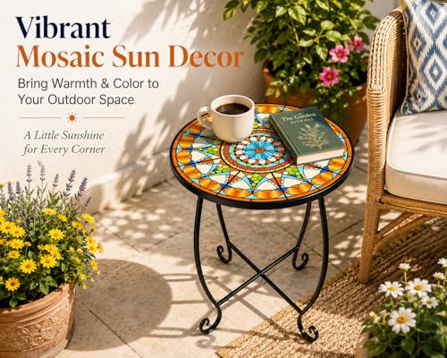 Mosaic Outdoor Side Table Round, 15 Inch Height - Small Patio Table, Foldable Sun Pattern Metal Plant Stand for Garden, Balcony, Porch & Camping - color: Sunburst