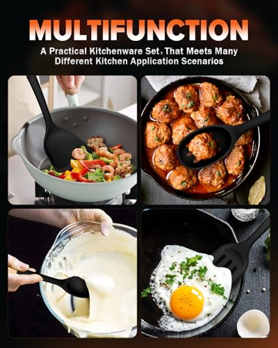 Silicone Cooking Utensils Set, Perfectly Angled for Frying, Mixing,Serving,Draining,Turning and Stirring, BPA-Free Matte Silicone, Wood Handles, Safe for Nonstick Cooking Surfaces,4 Pack (Black) - color: Black