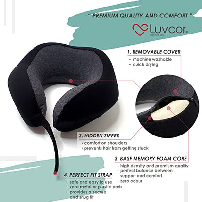 Premium Quality Memory Foam Travel Neck Pillow Bundle - Best Ergonomic Pillow for Airplane Travel, car Ride, Sleeping. Comes with Eye mask, earplugs and Storage Bag.(Stealth Black) - color: Stealth Black