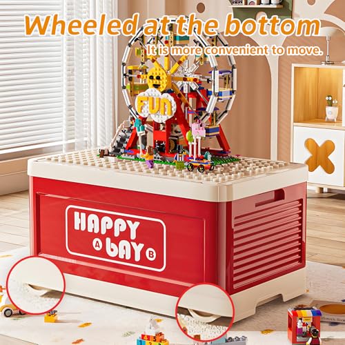 21L 22 Qt Folding Storage Box with Large Building Block Lid, Collapsible Toy Organizer Compatible with Duplo Blocks, Push Pull Storage Bin with Quiet Wheels(1pc-red) - color: Red