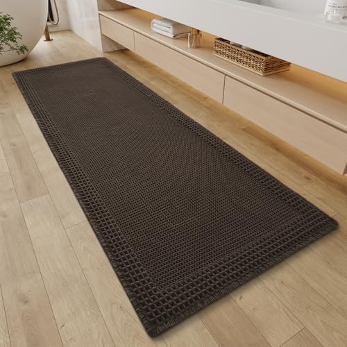 RESARE Waffle Bathroom Runner Rugs, Super Absorbent Bath Mat Non Slip Washable Quick Dry, Upgraded Ultra Soft Boho Bath Rugs with Tassels, Farmhouse Home Decor Accessories, 2'x5'(24"x60") Chocolate - color: Chocolate, size: 2' X 5'