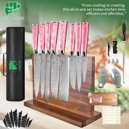 FULLHI 15pcs Japanese Knife Set with Magnetic Knife Block Holder, Stainless Steel Blades, Pink Resin Ergonomic Handles for Professional and Home Cooking - color: Pink, size: Magnetic Block Knife set