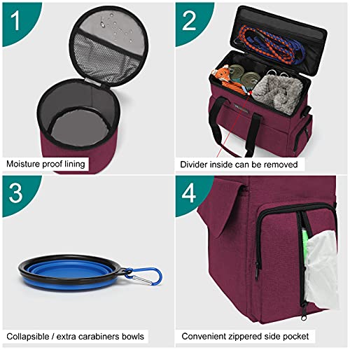 Airline Approved Pet Travel Bag, Weekend Travel Set for Dog and Cat, Airline Approved Tote Organizer with Multi-Function Pockets, 2 Dog Food Storage Containers, 2 Collapsible Bowls (Rose Red) - color: Rose Red