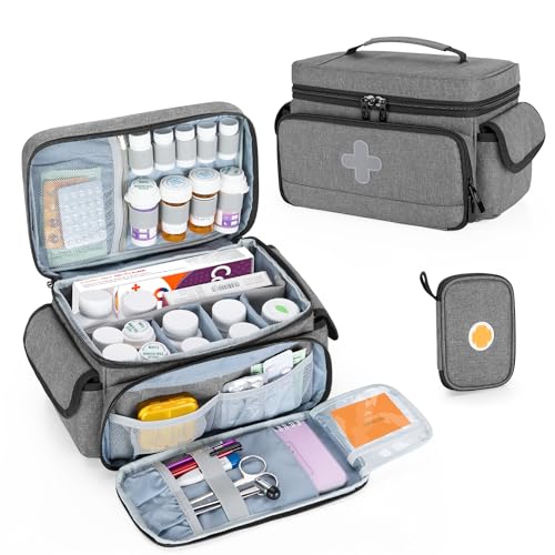 CURMIO Medicine Storage Bag Empty, Lockable Pill Bottle Organizer with Portable Zippered Pouches for First Aid Kits, Medicine Box for Home and Travel, Gray (Patent Pending) - color: Gray