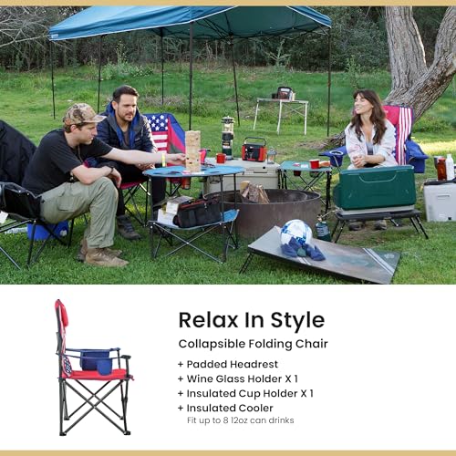 ARROWHEAD OUTDOOR 2-Pack Portable Deluxe Folding Camp Quad Chair w/Headrest, Glass & Cup Holders, Armest 6-can Cooler, Heavy Duty Carry Bag, 550 lbs Weight Capacity - color: Us Flag 2pack