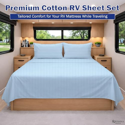 KRISHNA Queen Size 4 Piece Egyptian Cotton Sheet Set, Luxury Hotel Quality Light Blue Stripe Bed Sheets, Soft Breathable Cooling Bedding, 6-10 Inch Deep Pocket Fitted Sheet - color: Light Blue Stripe, size: Queen : 60" x 80"