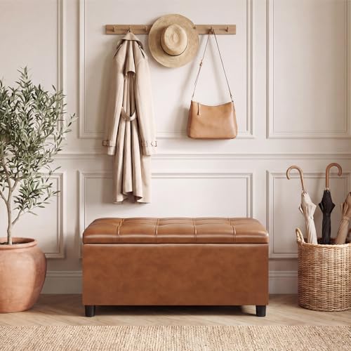 Asense Storage Ottoman Bench,Faux Leather Upholstered Ottoman with Storage,End of Bed Bench with Safety Hinge,for Entryway,Bedroom,Living Room - color: 32" Cognac Brown Faux Leather