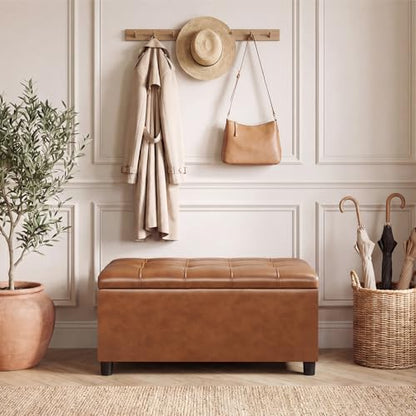 Asense Storage Ottoman Bench,Faux Leather Upholstered Ottoman with Storage,End of Bed Bench with Safety Hinge,for Entryway,Bedroom,Living Room - color: 32" Cognac Brown Faux Leather