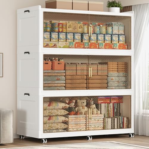 720QT Storage Bins with Lid Extra Large Stackable Closet Organizer Plastic Container Box, 240Gal 3-Tier Collapsible Cabinet with Wheels and Doors for Living Room Kitchen Office Dorm, White - color: White Brown, size: 320QT-3Pack
