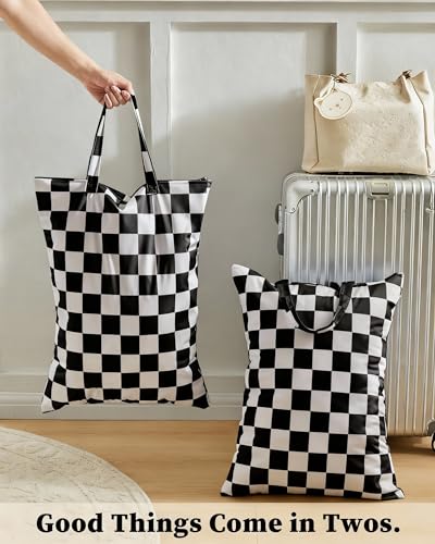 Ohocut Checkered 2 Pcs Large Travel Laundry Bags for Dirty Clothes, Aesthetic Trendy Waterproof Washable Laundry Bag with Handle for Travel, Gym, Swimming Pool Black and White - color: Black