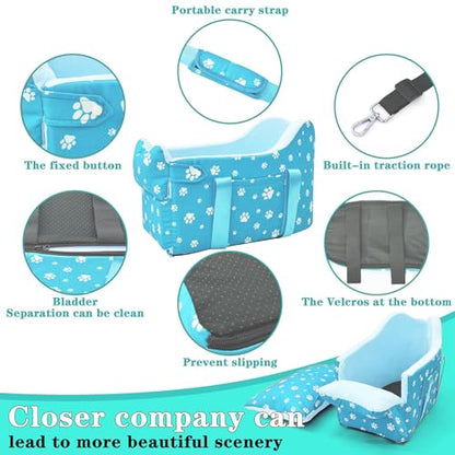 Center Console Dog Car Seat for Small Dogs Under 15lbs,Detachable Washable Booster Pet Car Seat Travel Bed with Storage Pockets and Seat Belt(Blue) - color: Blue