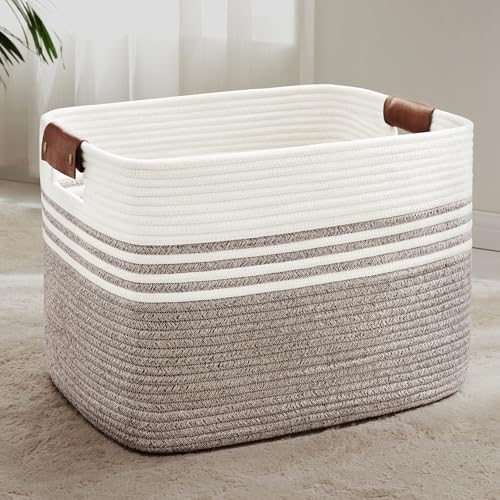 100L Extra Large Laundry Basket with Leather Handles for Living Room Storage,Woven Rope Baskets for Blanket,Kids Toy,Gifts,Wicker Hamper for Bedroom Dirty Clothes,24"x16"x14" Dark Brown - color: Dark Brown, size: 100L