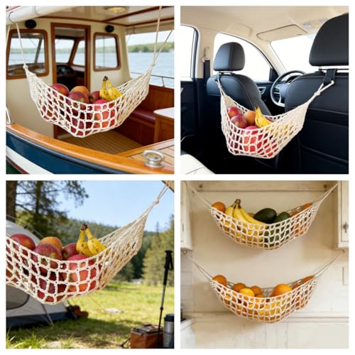 2-Pack Hanging Fruit Hammock with Hooks - Macrame Under Cabinet Veggie Banana Basket, Hand-Woven Boho Fruit Holder, Save Counter Space for Kitchen Home RV Boat (Ivory) - color: Ivory