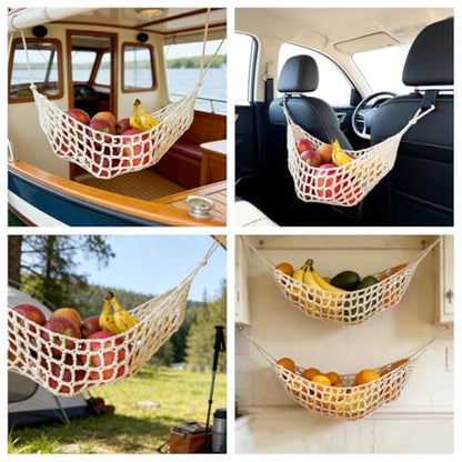2-Pack Hanging Fruit Hammock with Hooks - Macrame Under Cabinet Veggie Banana Basket, Hand-Woven Boho Fruit Holder, Save Counter Space for Kitchen Home RV Boat (Ivory) - color: Ivory