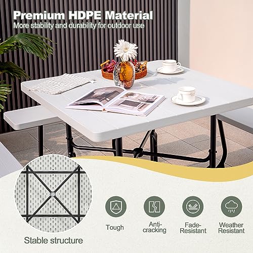 Tangkula 8 Person Picnic Table, Outdoor Square Picnic Table with 4 Built-in Benches, Umbrella Hole, Metal Frame & HDPE Tabletop, Outside Table and Bench Set for Backyard, 2300lbs Weight Capacity - color: White