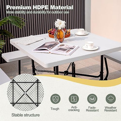 Tangkula 8 Person Picnic Table, Outdoor Square Picnic Table with 4 Built-in Benches, Umbrella Hole, Metal Frame & HDPE Tabletop, Outside Table and Bench Set for Backyard, 2300lbs Weight Capacity - color: White
