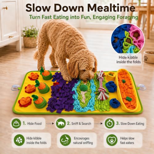 Snuffle Mat for Dogs – Extra Large 32'' x 20'', Washable Slow Feeder Dog Toy, Durable Interactive Dog Puzzle for Mental Stimulation & Nosework Training, with Anti-Slip Suction Cups - color: Blue-Yellow