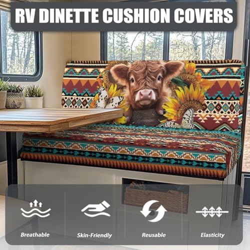 RV Dinette Cushion Covers Aztec Highland Cow Stretch Camper Sofa Replacement Couch Cushion Slipcovers Washable Camper Seat Bench Slipcover for Travel Trailer Couch - color: Aztec Highland Cow