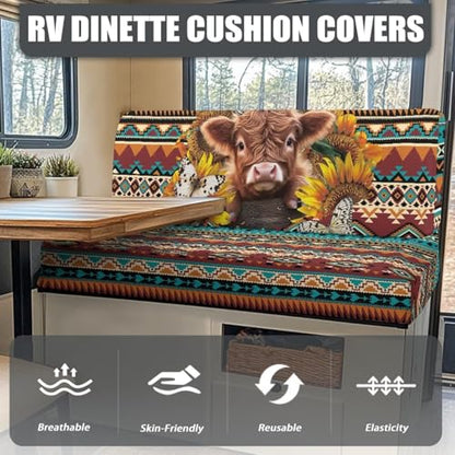 RV Dinette Cushion Covers Aztec Highland Cow Stretch Camper Sofa Replacement Couch Cushion Slipcovers Washable Camper Seat Bench Slipcover for Travel Trailer Couch - color: Aztec Highland Cow