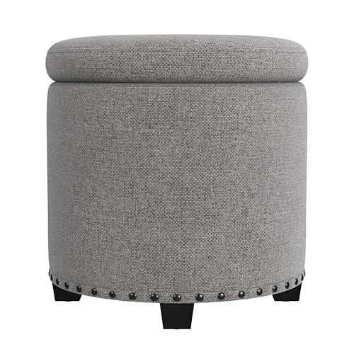 HomePop 18.5" Round Storage Ottoman with Nailheads - Grey Woven - color: Grey Woven