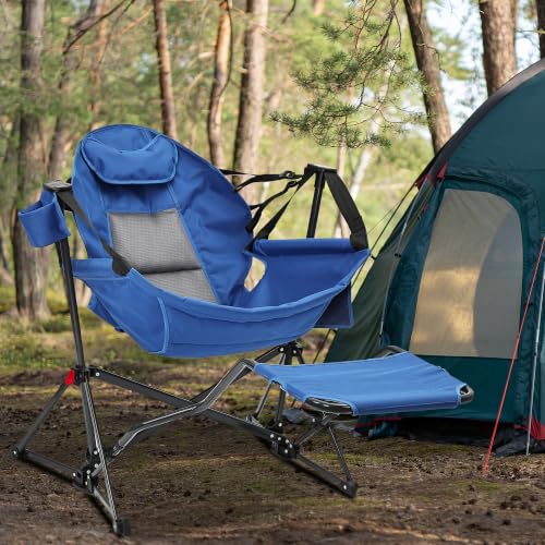 Ainfox Hammock Camping Chair with Footrest, Oversized Folding Swinging Chair for Adults, Rocking Portable Camp with Cup Holder Pillow for Outdoor Patio Lawn Poolside (Cobalt Blue) - color: Cobalt Blue, size: With Footrest