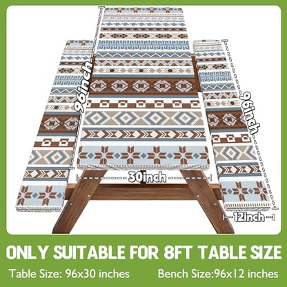 Fitted Picnic Table Cover with Bench Covers Fitted Rectangle Table Cloth Tablecloth Camping Gear Essentials Rv Accessories Road Trip Supplies Car Travel Must Have 8 Ft Foot Feet 96in Boho Bohemian - color: Blue Brown Boho, size: 96in