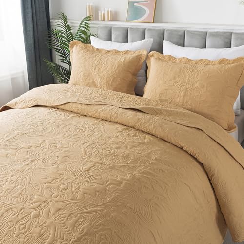 HoneiLife Queen Quilt Bedding Set - 3 Piece Microfiber Quilt Sets Lightweight Bedspreads Reversible Coverlets Retro Bed Cover Paisley Pattern Bedding Set All Season Quilts-Yellow - color: Dusty Yellow, size: Queen/Full-90"x96"