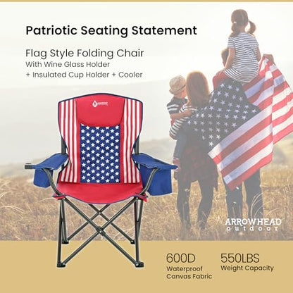 ARROWHEAD OUTDOOR Portable Deluxe Folding Camp Quad Chair w/Headrest, Glass & Cup Holders, Armest 6-can Cooler, Heavy Duty Carry Bag, 550 lbs Weight Capacity - color: Us Flag