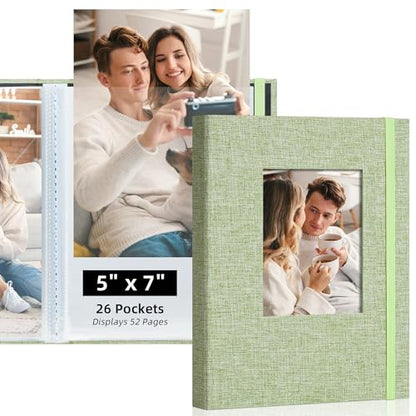 5x7 Photo Album, Slip In Fabric Cover Scrapbook with Front Window, Holds 52 Photos (26 Pockets), for Baby, Wedding, Travel, Green - color: Grass Green, size: 26 Pockets