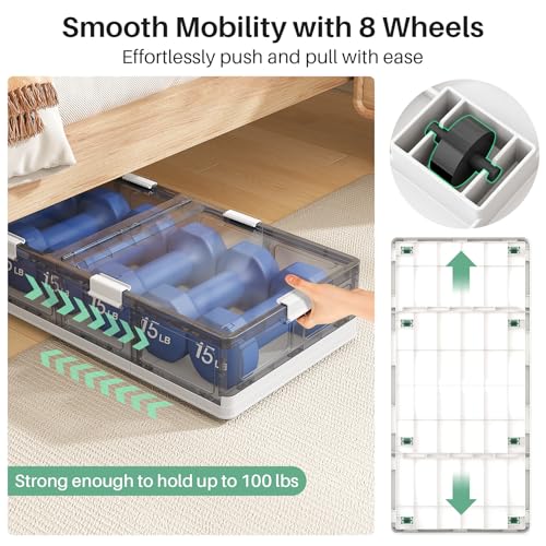 Kitstorack Clear Plastic Under Bed Storage Containers Bins with Lids and 8 Pre-installed Wheels,37.8 Qt, Rolling Foldable Flat Under Bed Organizer Boxes for Clothes Shoes Clothing Bedroom - size: Standard - 1 PACK