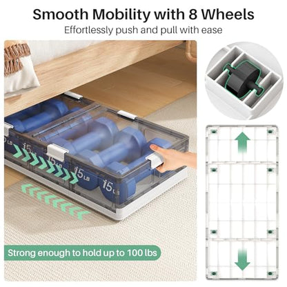 Kitstorack Clear Plastic Under Bed Storage Containers Bins with Lids and 8 Pre-installed Wheels,37.8 Qt, Rolling Foldable Flat Under Bed Organizer Boxes for Clothes Shoes Clothing Bedroom - size: Standard - 1 PACK