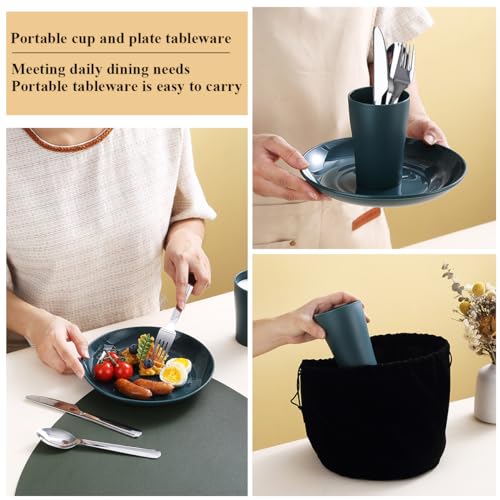 Evanda Camping Cutlery Set, Reusable Light Weight Mug, Plate and Stainless Steel Cutlery Set with Black Bag, Dishwasher Safe - color: 1.1 Person