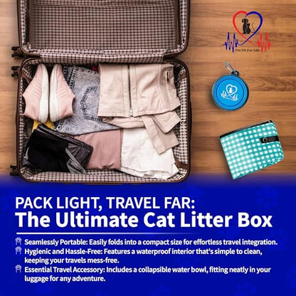 Pet Fit For Life - Vibrant Collapsible Travel Cat Litter Box - Portable, Foldable, Compact Design with Bonus Water Bowl - Ideal for Car & Camping - Reusable, Cats Safe - Teal, (16"x12"x5") - color: Teal