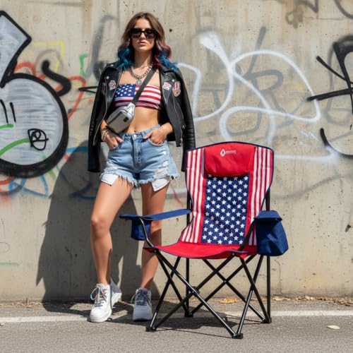 ARROWHEAD OUTDOOR Portable Deluxe Folding Camp Quad Chair w/Headrest, Glass & Cup Holders, Armest 6-can Cooler, Heavy Duty Carry Bag, 550 lbs Weight Capacity - color: Us Flag