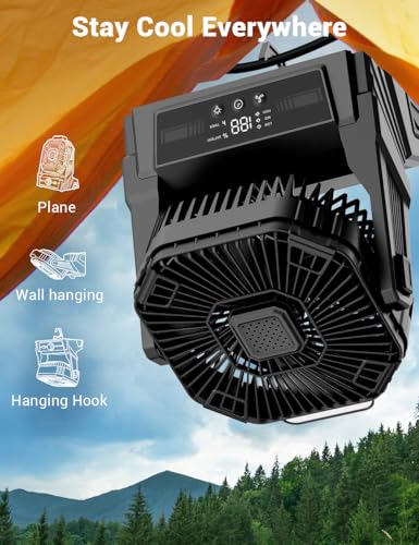KopBeau Portable Camping Fan with Lights, 20000mAh Rechargeable Battery Operated Fan, Battery Powered Outdoor Beach Tent with 3 Speeds & Hook, Personal USB Table for Camping Accessories Black - size: Medium