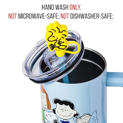 Silver Buffalo Peanuts Gang Charlie Brown, Snoopy, Woodstock, Lucy, Sally, Linus, Double Walled Stainless Steel Tumbler with Handle, Straw, and Straw Cap, Fits in Standard Cup Holder, 40 Ounces - color: Peanuts Gang Charlie Brown