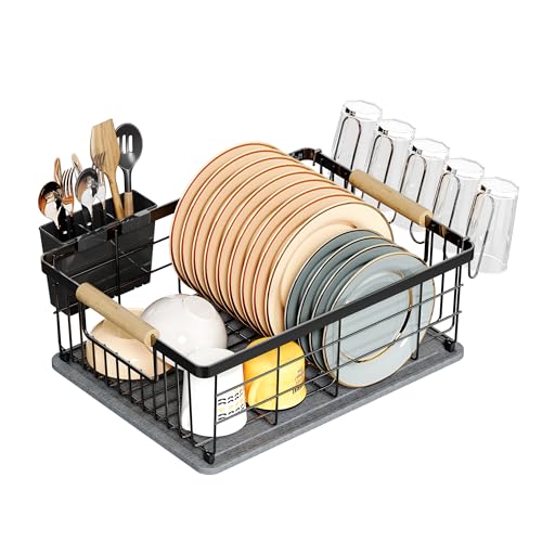 Dish Drying Rack Black with Diatomaceous Earth 1 Tier,Multifunctional Dish Racks for Kitchen Counter Quick-Drying,Large Capacity Space Saving with Cutlery Cups Holder - color: Black, size: 1 Tier