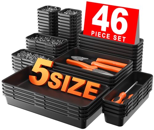 A-LuGei 【𝟰𝟲𝗣𝗖𝗦 & 5 Size】 Tool Box Organizer Tray Divider Set, 【Black】 Bathroom Drawer Organizer Bin, Garage Organization and Storage Toolbox Rolling Tool Chest Cart Cabinet WorkBench Small Part - color: Black, size: 5 Size