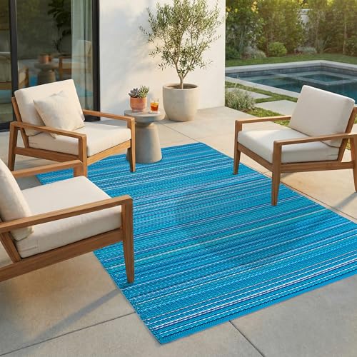 FH Home Outdoor Rug - Waterproof, Fade Resistant, Reversible - Premium Recycled Plastic - Striped - Large Patio, Deck, Sunroom, Camping, RV - Havana - Turquoise Crease Free - 6 x 9 ft - color: Havana - Turquoise, size: 6' x 9' (Rectangular)