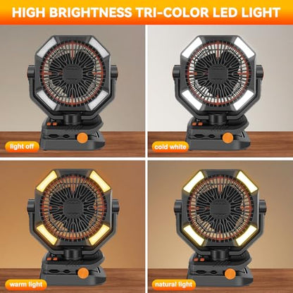 Portable Rechargeable Clip on Fan for Camping,20000mAh Battery Operated Powered Powered Fan with LED Light and Hanging Hook for Tents,Cordless Desk Fan with Remote