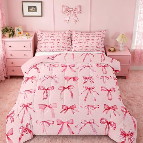 Feelyou Kids Girls Bow Bedding Set King Size Pink Bowknot Comforter Set for Girls Kawaii Polka Dots Bow Duvet Quilt - color: Baby Pink Bow, size: King