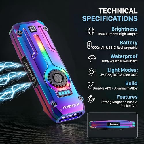 HAUSBELL Flat EDC Flashlight,1800 Lumen UV Magnetic Rechargeable Pocket | Stepless Dimming Dial,Stainless Steel Body,RGB+UV,USB-C Fast Charge,Magnetic Base,Waterproof, for Work,Camping & Emergency - color: Iridescent